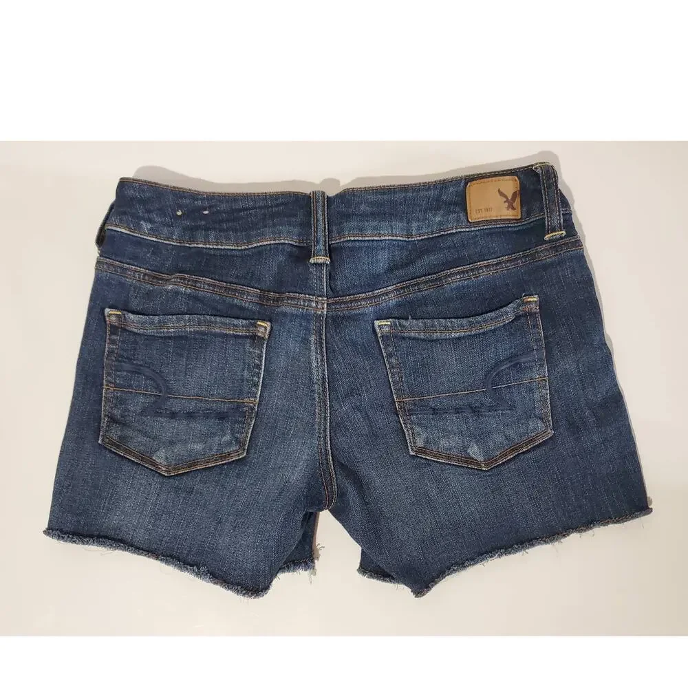 American Eagle Super Stretch Raw Frayed Hem Dark Wash Jean Shorts Womens Size 4